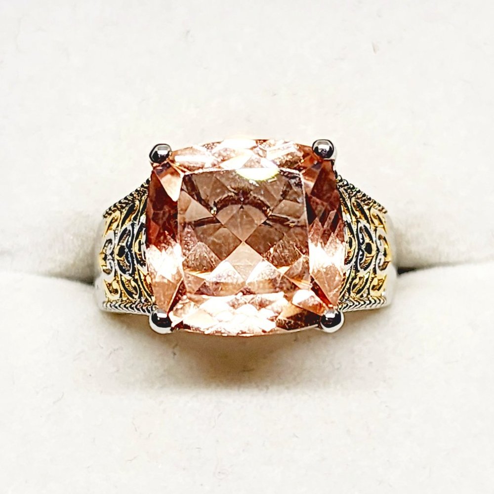 Morganite Quartz solitaire ring in 18K YG & Platinum over brass 7.15 cts size 6